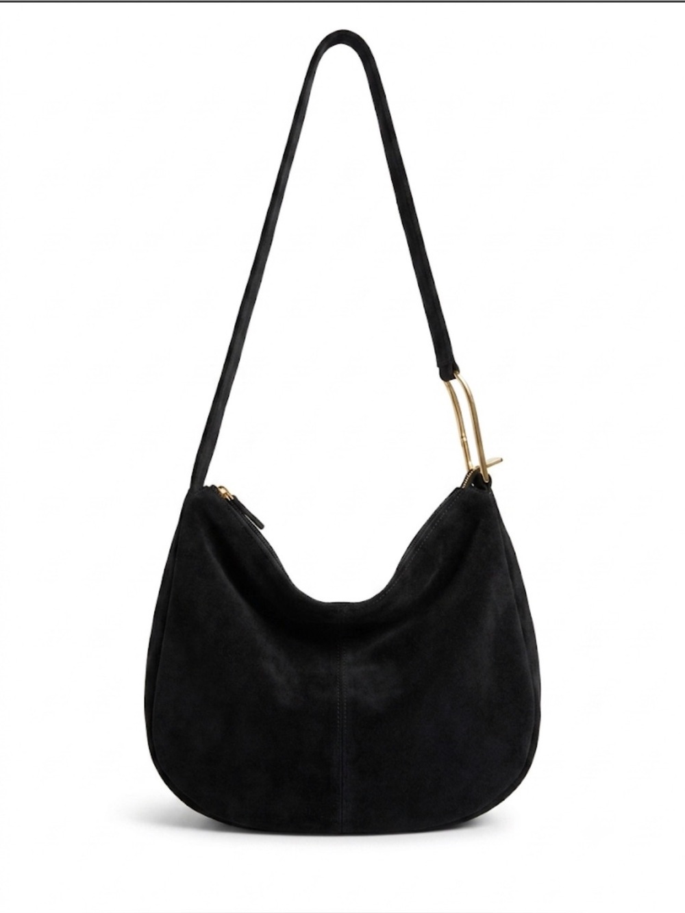 Apostrophe Black Faux Suede Shoulder Bag Slouch Hobo Purse Gold Hardware